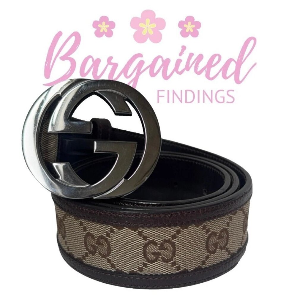 Auth GUCCI Brown Monogram Canvas Leather Silver Interlocking G Buckle Belt 85/34